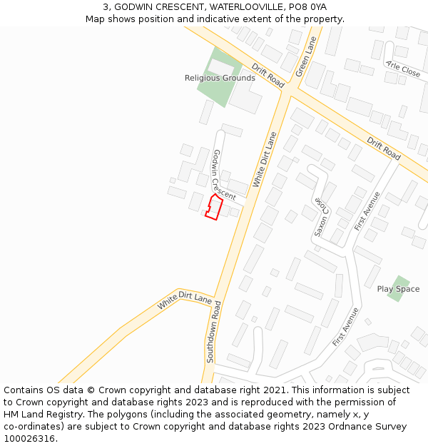 3, GODWIN CRESCENT, WATERLOOVILLE, PO8 0YA: Location map and indicative extent of plot