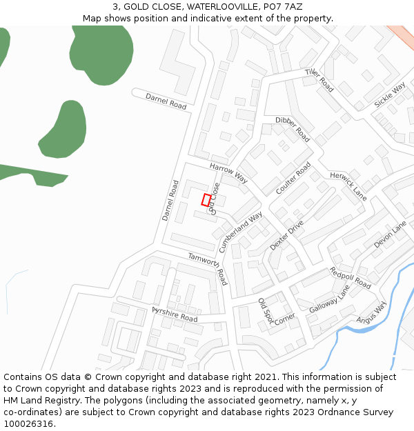 3, GOLD CLOSE, WATERLOOVILLE, PO7 7AZ: Location map and indicative extent of plot