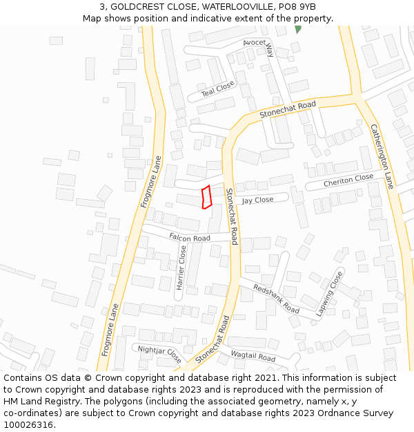 3, GOLDCREST CLOSE, WATERLOOVILLE, PO8 9YB: Location map and indicative extent of plot