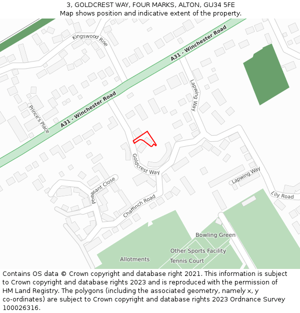 3, GOLDCREST WAY, FOUR MARKS, ALTON, GU34 5FE: Location map and indicative extent of plot