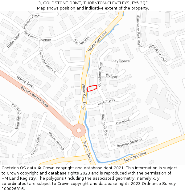 3, GOLDSTONE DRIVE, THORNTON-CLEVELEYS, FY5 3QF: Location map and indicative extent of plot