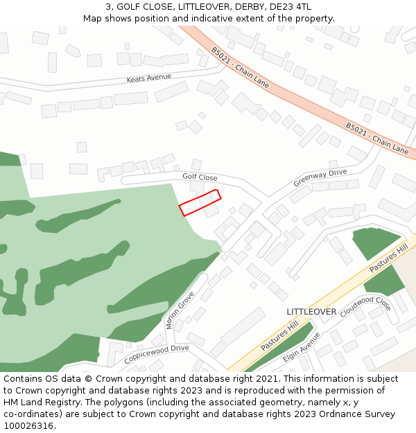 3, GOLF CLOSE, LITTLEOVER, DERBY, DE23 4TL: Location map and indicative extent of plot