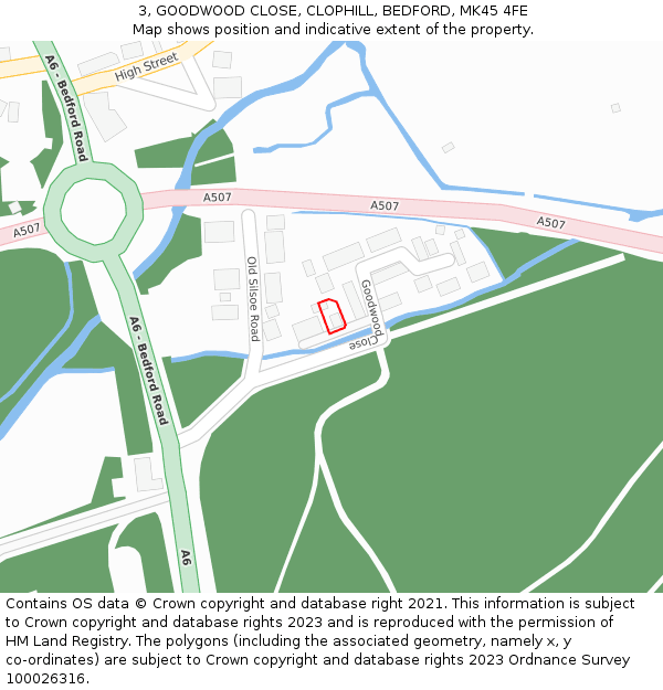 3, GOODWOOD CLOSE, CLOPHILL, BEDFORD, MK45 4FE: Location map and indicative extent of plot