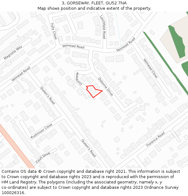 3, GORSEWAY, FLEET, GU52 7NA: Location map and indicative extent of plot