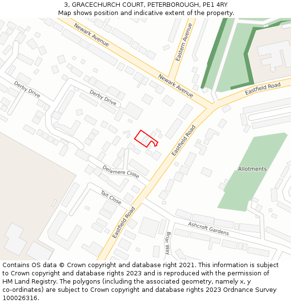 3, GRACECHURCH COURT, PETERBOROUGH, PE1 4RY: Location map and indicative extent of plot