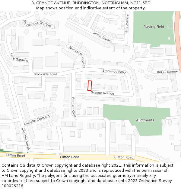 3, GRANGE AVENUE, RUDDINGTON, NOTTINGHAM, NG11 6BD: Location map and indicative extent of plot