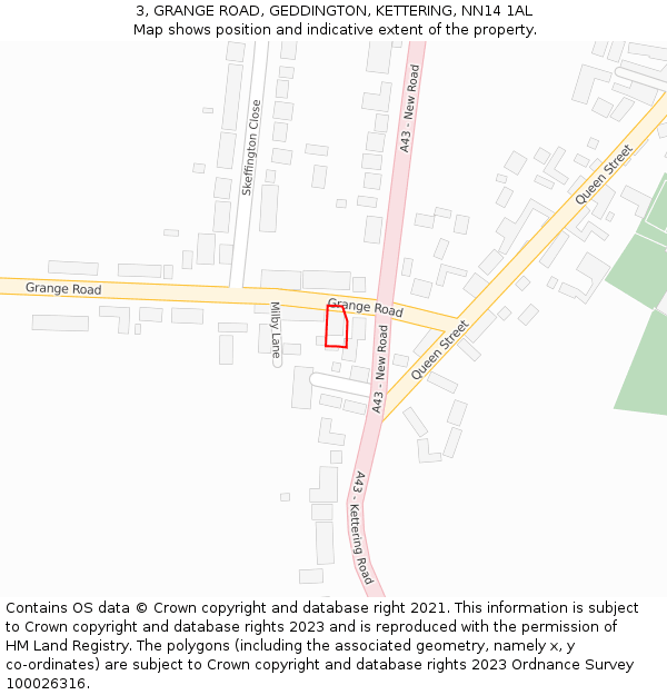 3, GRANGE ROAD, GEDDINGTON, KETTERING, NN14 1AL: Location map and indicative extent of plot