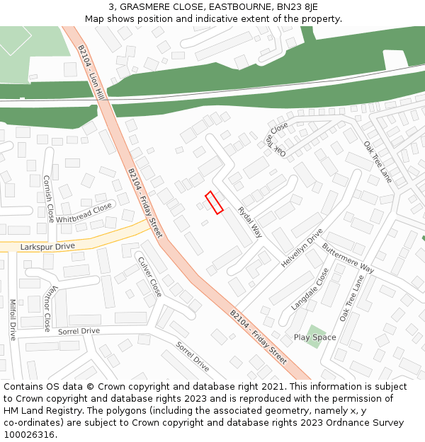 3, GRASMERE CLOSE, EASTBOURNE, BN23 8JE: Location map and indicative extent of plot