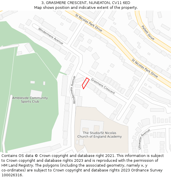 3, GRASMERE CRESCENT, NUNEATON, CV11 6ED: Location map and indicative extent of plot