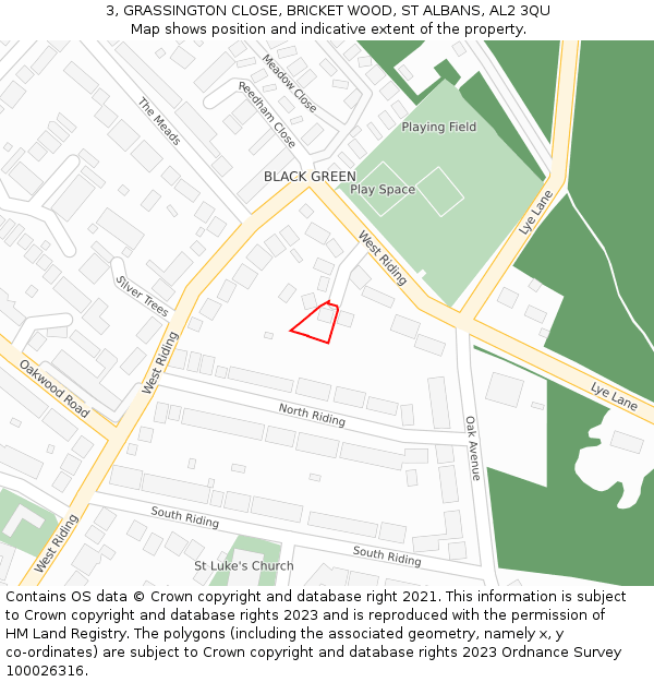 3, GRASSINGTON CLOSE, BRICKET WOOD, ST ALBANS, AL2 3QU: Location map and indicative extent of plot