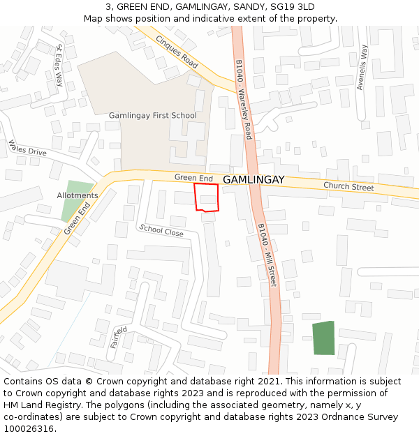 3, GREEN END, GAMLINGAY, SANDY, SG19 3LD: Location map and indicative extent of plot