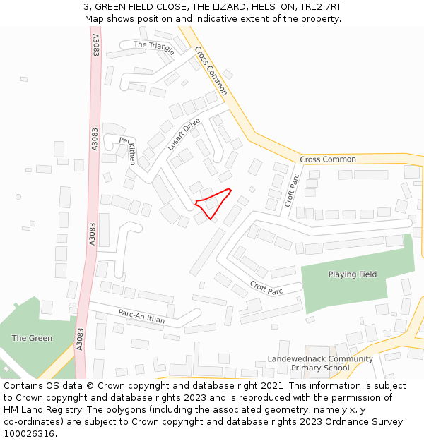 3, GREEN FIELD CLOSE, THE LIZARD, HELSTON, TR12 7RT: Location map and indicative extent of plot