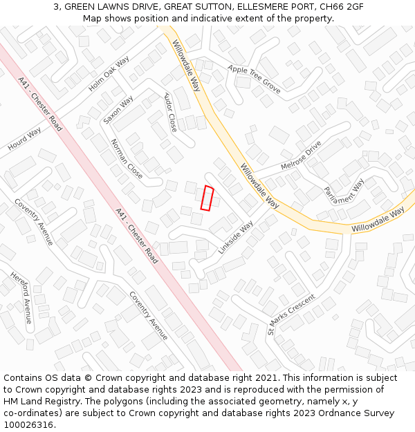 3, GREEN LAWNS DRIVE, GREAT SUTTON, ELLESMERE PORT, CH66 2GF: Location map and indicative extent of plot