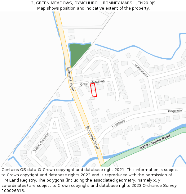 3, GREEN MEADOWS, DYMCHURCH, ROMNEY MARSH, TN29 0JS: Location map and indicative extent of plot