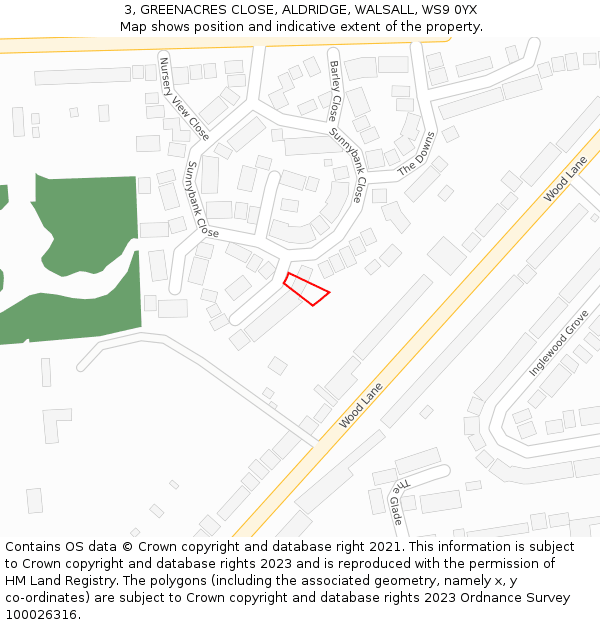 3, GREENACRES CLOSE, ALDRIDGE, WALSALL, WS9 0YX: Location map and indicative extent of plot