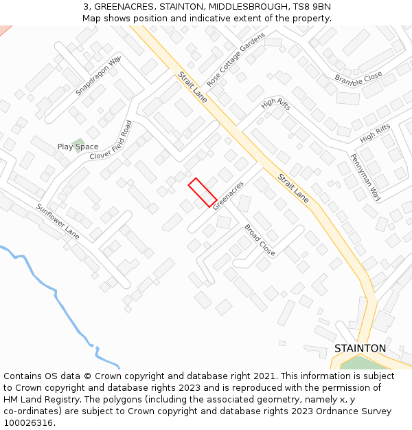 3, GREENACRES, STAINTON, MIDDLESBROUGH, TS8 9BN: Location map and indicative extent of plot