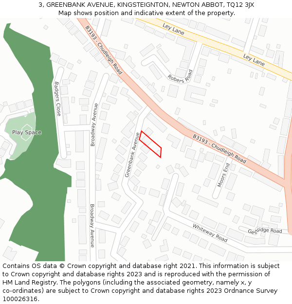3, GREENBANK AVENUE, KINGSTEIGNTON, NEWTON ABBOT, TQ12 3JX: Location map and indicative extent of plot