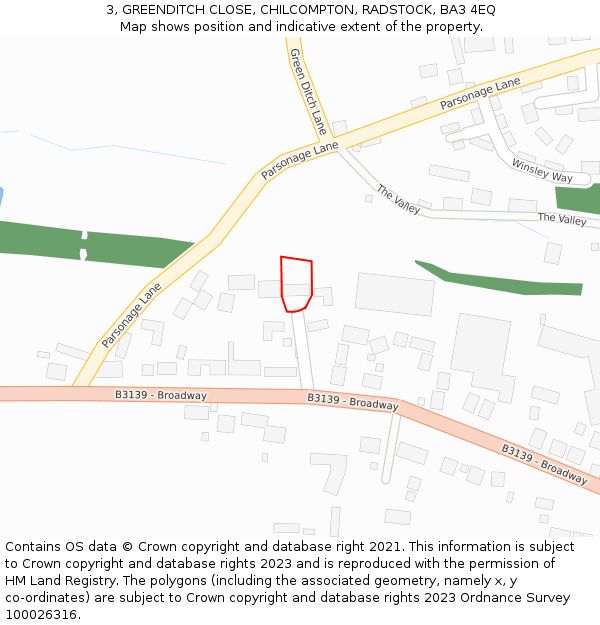 3, GREENDITCH CLOSE, CHILCOMPTON, RADSTOCK, BA3 4EQ: Location map and indicative extent of plot