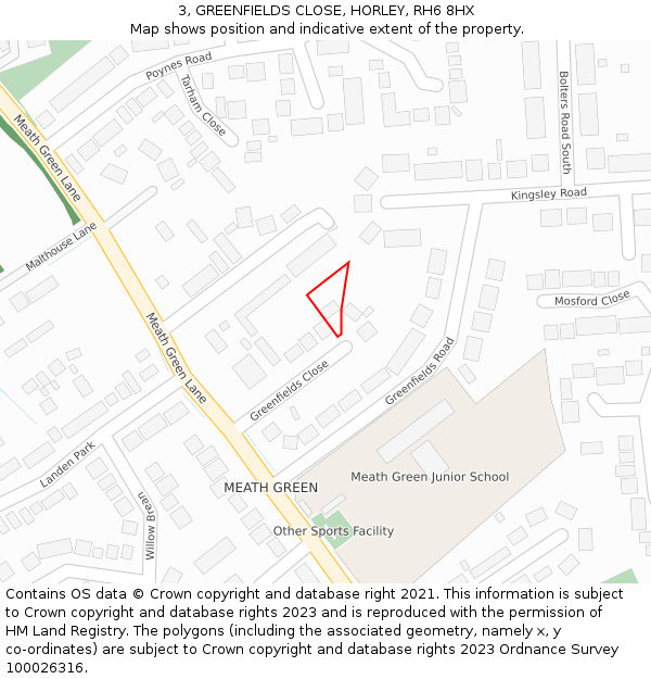 3, GREENFIELDS CLOSE, HORLEY, RH6 8HX: Location map and indicative extent of plot