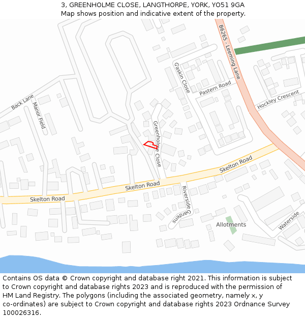 3, GREENHOLME CLOSE, LANGTHORPE, YORK, YO51 9GA: Location map and indicative extent of plot