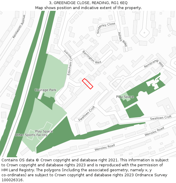 3, GREENIDGE CLOSE, READING, RG1 6EQ: Location map and indicative extent of plot