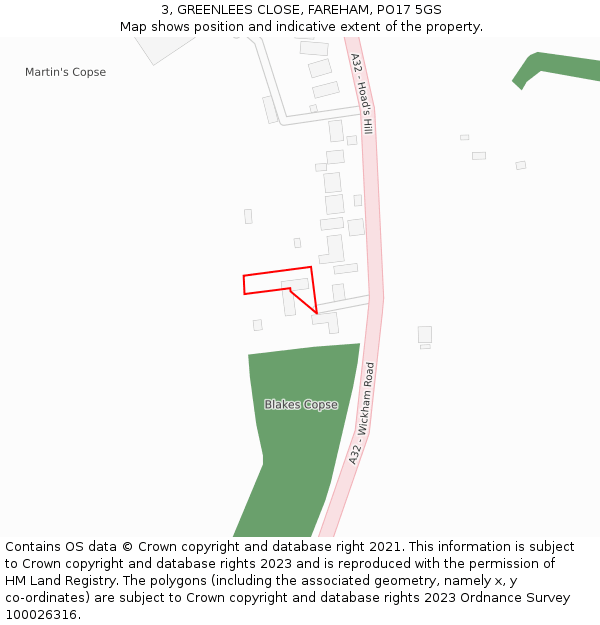 3, GREENLEES CLOSE, FAREHAM, PO17 5GS: Location map and indicative extent of plot