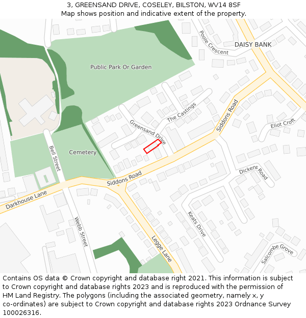 3, GREENSAND DRIVE, COSELEY, BILSTON, WV14 8SF: Location map and indicative extent of plot