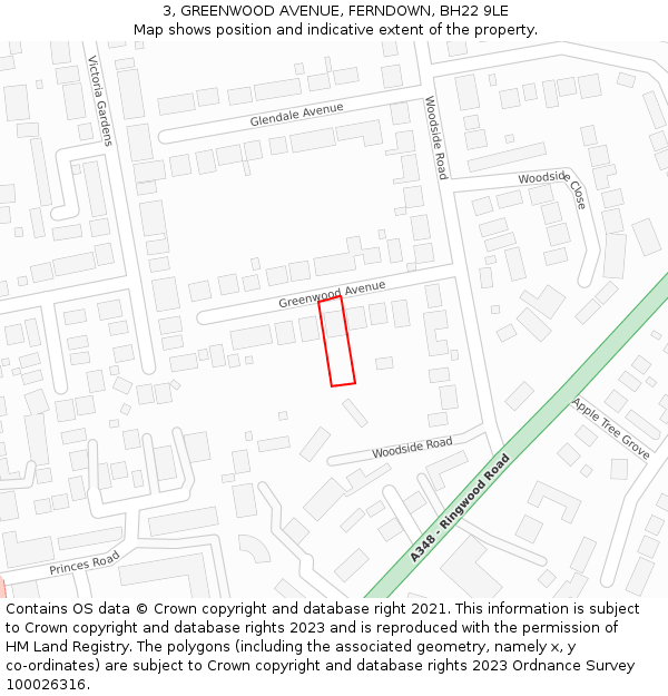 3, GREENWOOD AVENUE, FERNDOWN, BH22 9LE: Location map and indicative extent of plot