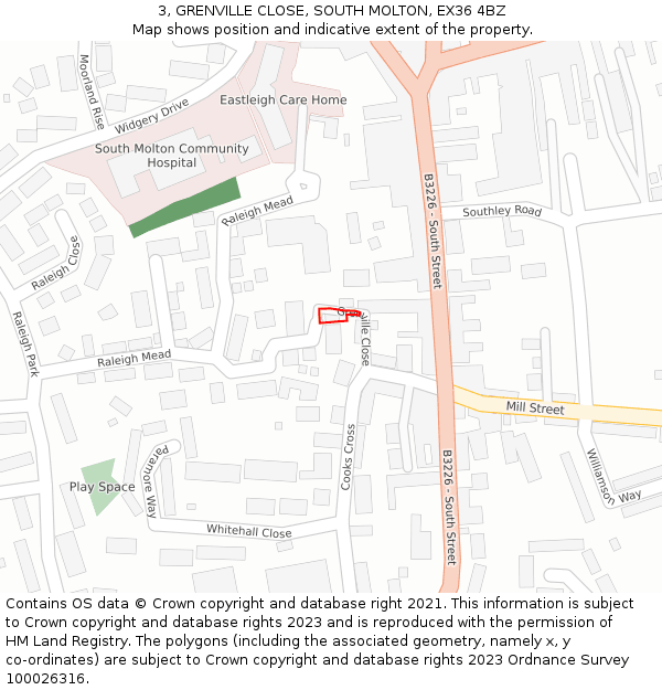 3, GRENVILLE CLOSE, SOUTH MOLTON, EX36 4BZ: Location map and indicative extent of plot