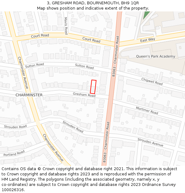 3, GRESHAM ROAD, BOURNEMOUTH, BH9 1QR: Location map and indicative extent of plot