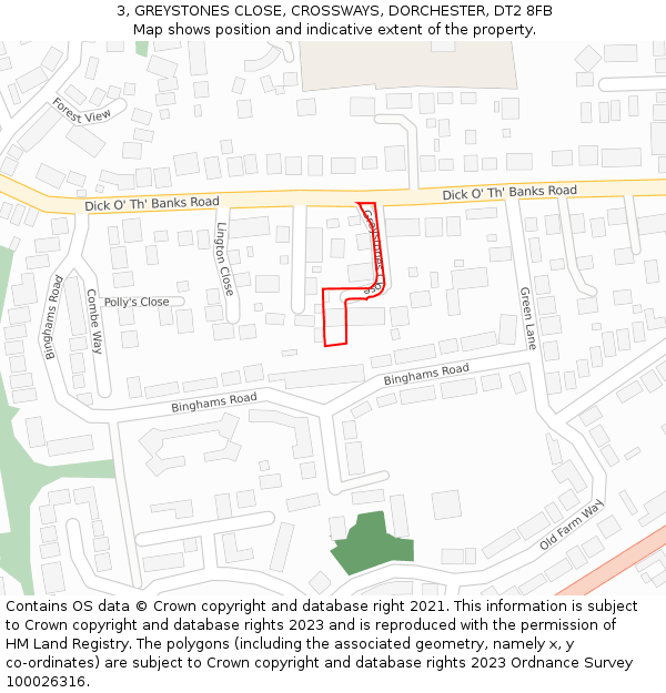 3, GREYSTONES CLOSE, CROSSWAYS, DORCHESTER, DT2 8FB: Location map and indicative extent of plot