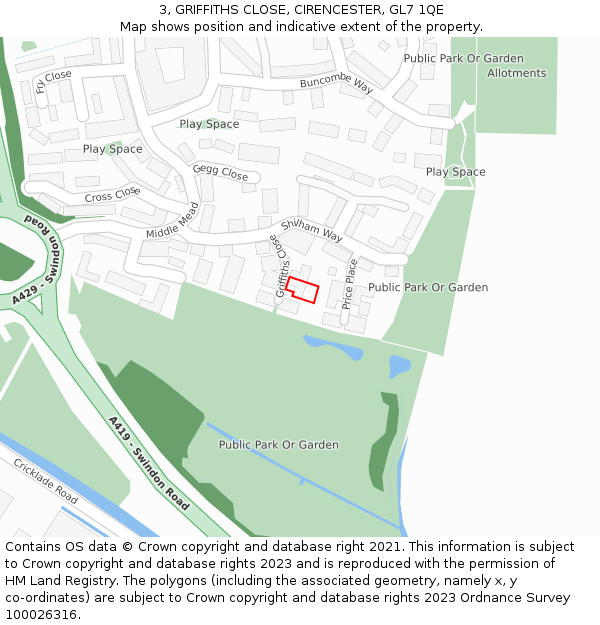 3, GRIFFITHS CLOSE, CIRENCESTER, GL7 1QE: Location map and indicative extent of plot