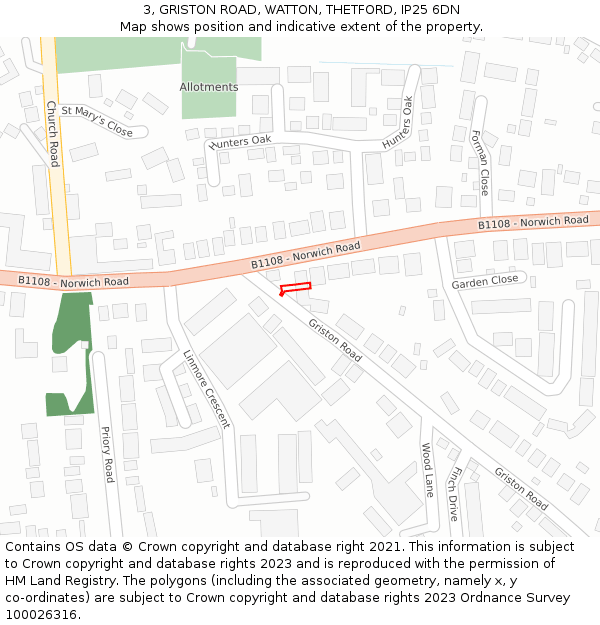 3, GRISTON ROAD, WATTON, THETFORD, IP25 6DN: Location map and indicative extent of plot