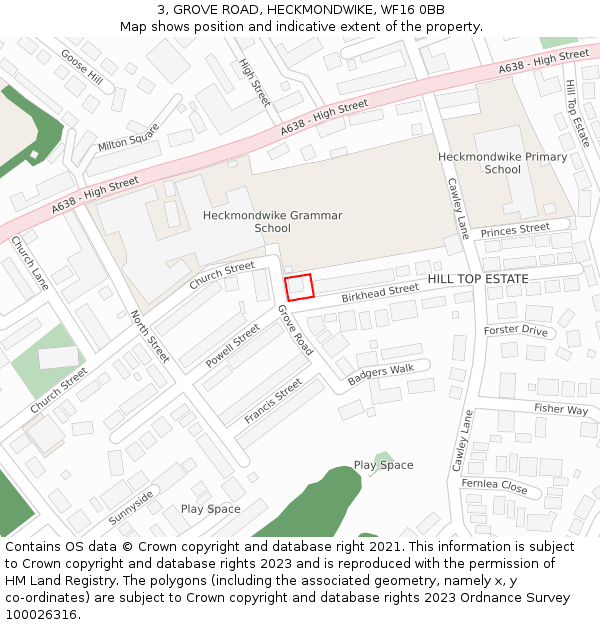 3, GROVE ROAD, HECKMONDWIKE, WF16 0BB: Location map and indicative extent of plot