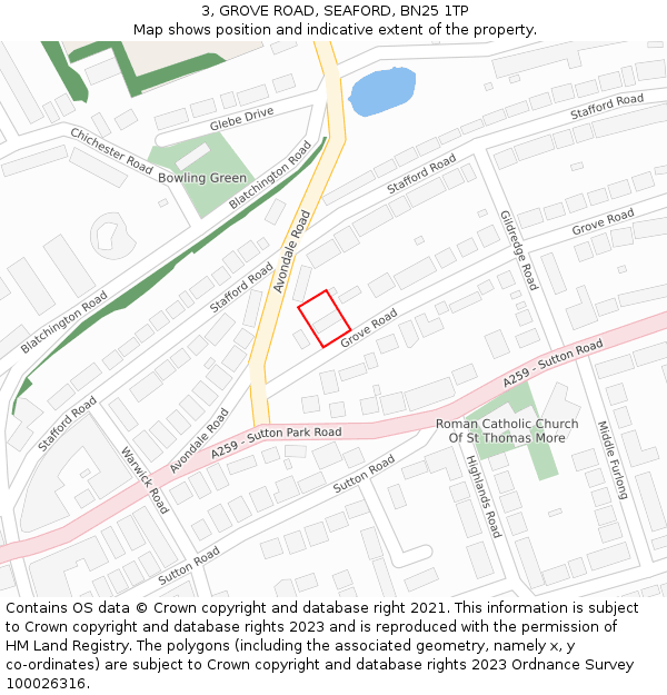 3, GROVE ROAD, SEAFORD, BN25 1TP: Location map and indicative extent of plot