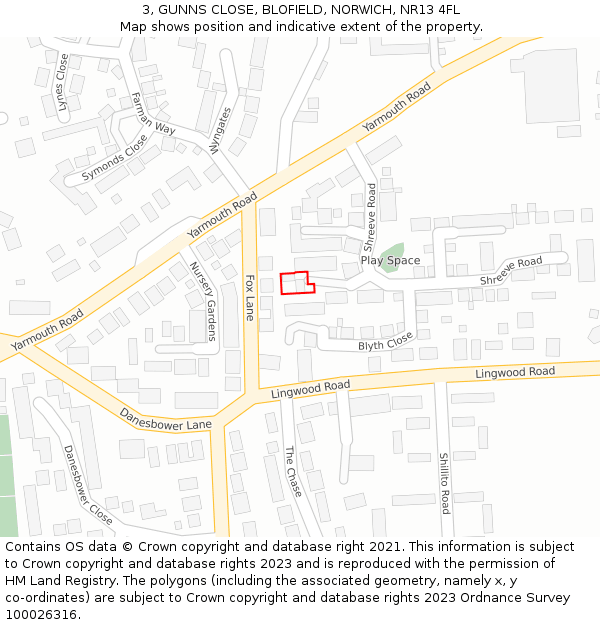 3, GUNNS CLOSE, BLOFIELD, NORWICH, NR13 4FL: Location map and indicative extent of plot