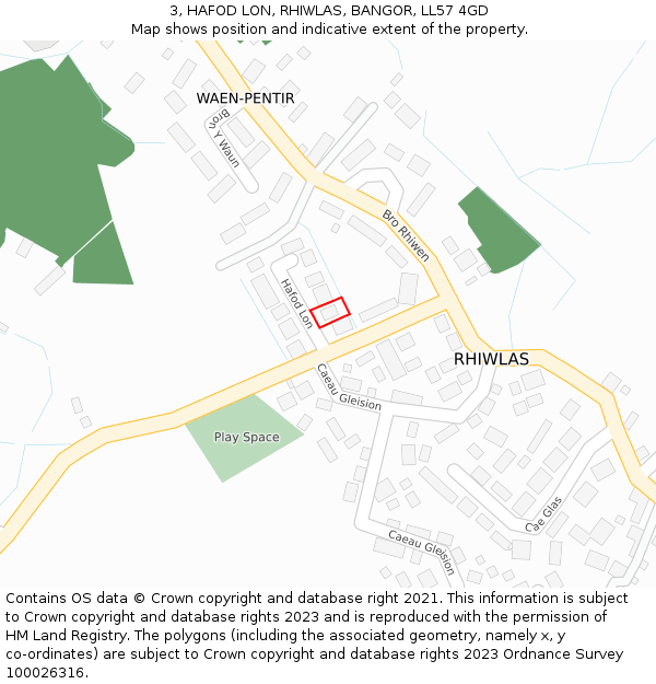 3, HAFOD LON, RHIWLAS, BANGOR, LL57 4GD: Location map and indicative extent of plot