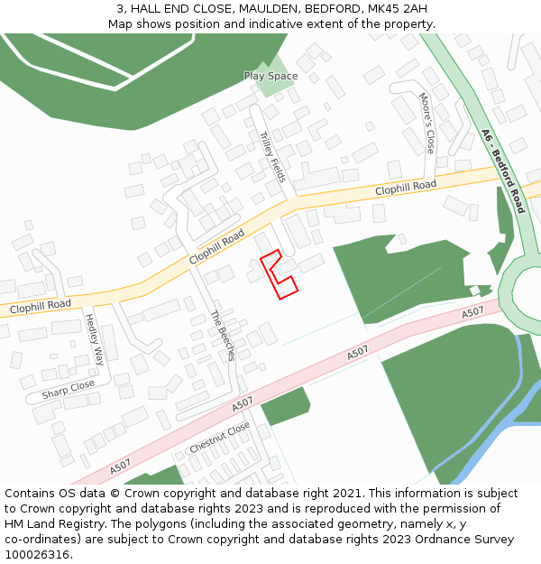 3, HALL END CLOSE, MAULDEN, BEDFORD, MK45 2AH: Location map and indicative extent of plot