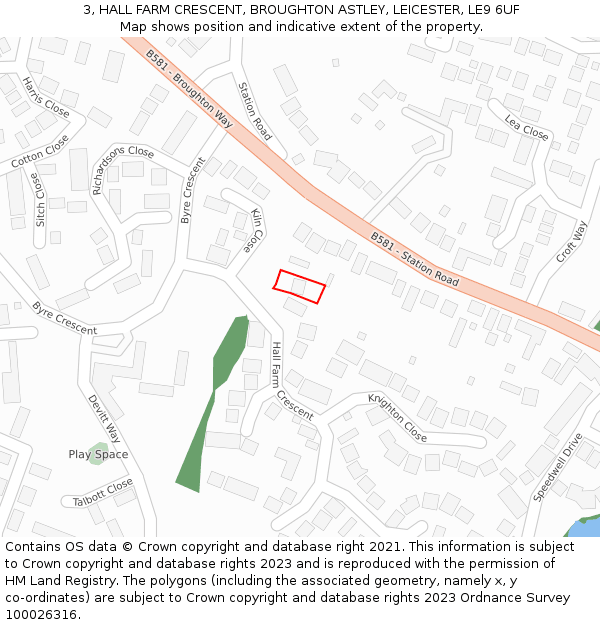 3, HALL FARM CRESCENT, BROUGHTON ASTLEY, LEICESTER, LE9 6UF: Location map and indicative extent of plot