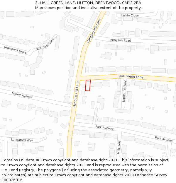 3, HALL GREEN LANE, HUTTON, BRENTWOOD, CM13 2RA: Location map and indicative extent of plot