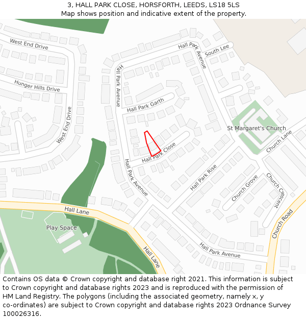 3, HALL PARK CLOSE, HORSFORTH, LEEDS, LS18 5LS: Location map and indicative extent of plot