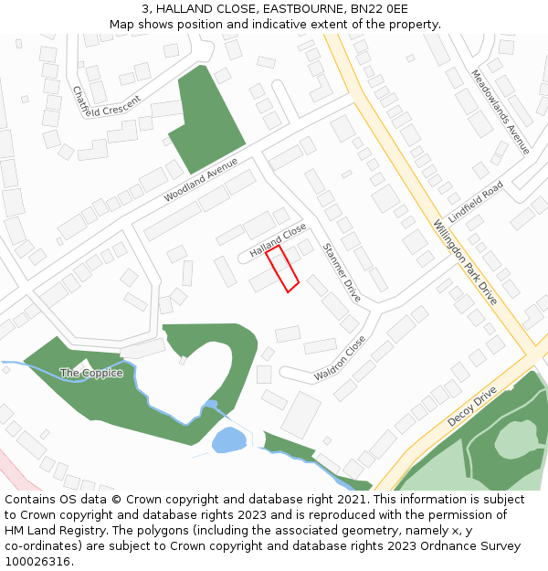 3, HALLAND CLOSE, EASTBOURNE, BN22 0EE: Location map and indicative extent of plot