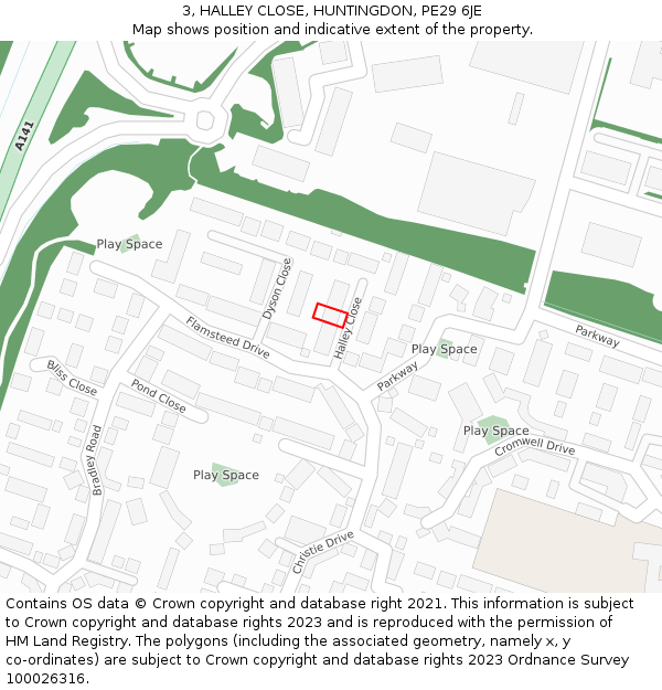 3, HALLEY CLOSE, HUNTINGDON, PE29 6JE: Location map and indicative extent of plot