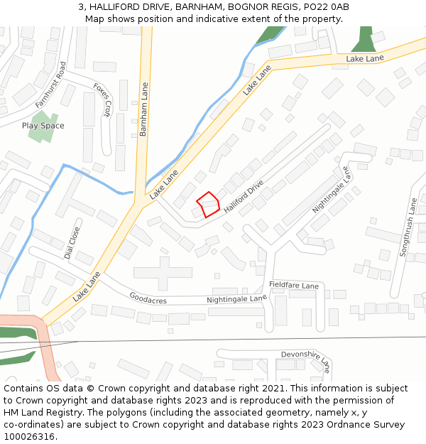 3, HALLIFORD DRIVE, BARNHAM, BOGNOR REGIS, PO22 0AB: Location map and indicative extent of plot