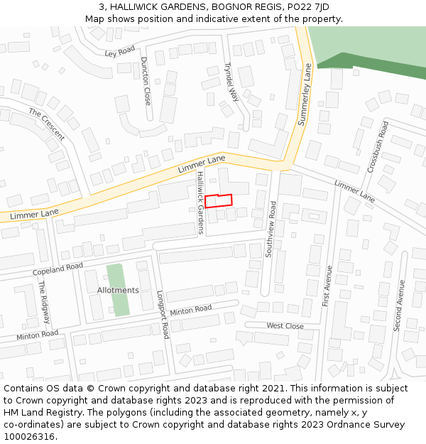 3, HALLIWICK GARDENS, BOGNOR REGIS, PO22 7JD: Location map and indicative extent of plot