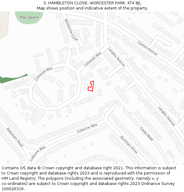 3, HAMBLETON CLOSE, WORCESTER PARK, KT4 8JL: Location map and indicative extent of plot