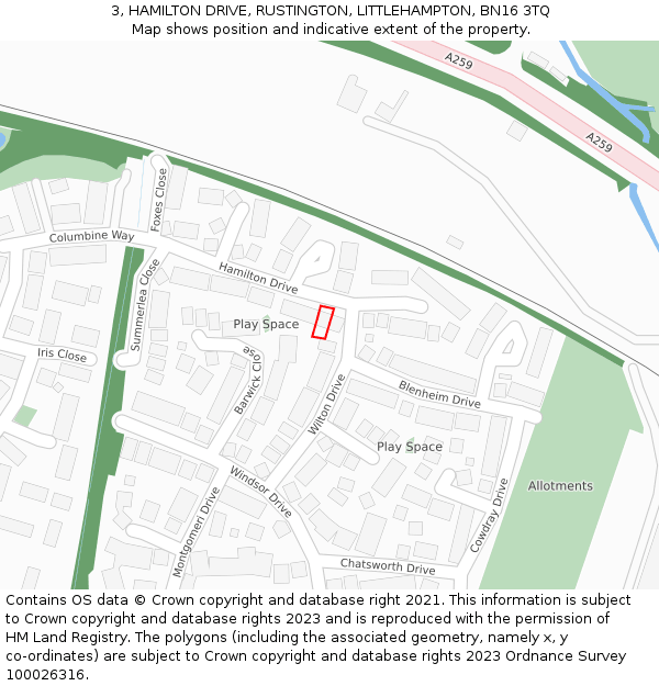 3, HAMILTON DRIVE, RUSTINGTON, LITTLEHAMPTON, BN16 3TQ: Location map and indicative extent of plot