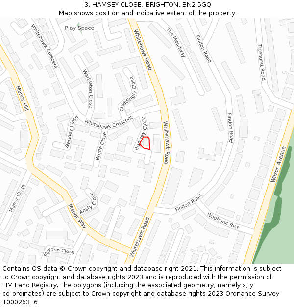 3, HAMSEY CLOSE, BRIGHTON, BN2 5GQ: Location map and indicative extent of plot