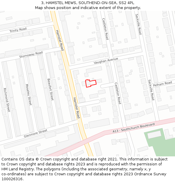 3, HAMSTEL MEWS, SOUTHEND-ON-SEA, SS2 4PL: Location map and indicative extent of plot