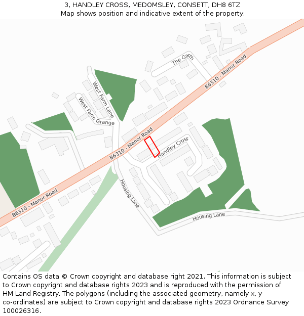 3, HANDLEY CROSS, MEDOMSLEY, CONSETT, DH8 6TZ: Location map and indicative extent of plot